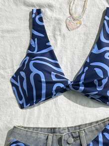 Swim Vcay Women Fashion Blue Floral Print Separate Swimsuit Set, Sexy Bikini Beachwear Suitable For Going Out For Summer Beach Vacation