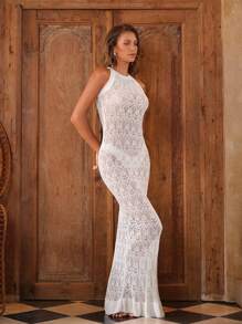Swim Chiccia Women's Solid White Hollow-Out Sleeveless Slit Casual Beach Dress, Tropical Style, Summer Holiday - White - View 4
