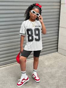 SHEIN 女童两件套：休闲条纹图案 89 印花上衣和紧身裤 - 黑色 - 查看 4