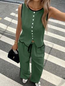 Siren Gaze Set de 2 piezas para mujer: top sin mangas con ribete de contraste y pantalones anchos con cintura con cordón, informal para verano
