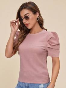 SHEIN Clasi Women's Puff Sleeve Round Neck With Textured Fabric Pink Tee