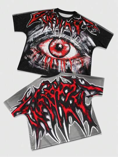 Grunge Punk تي شيرت رجالي كاجوال قصير الأكمام بياقة دائرية مطبوع عليه بصمة العين للصيف