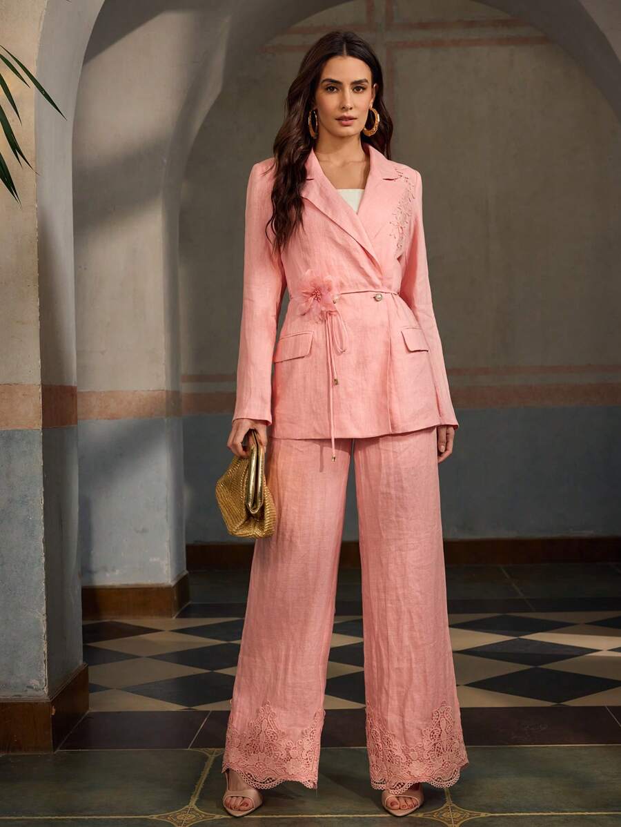 ZEYLAH Áo khoác vest mỏng vải lanh thêu hoa thanh lịch, Xuân/Hè - Hồng - Xem 1