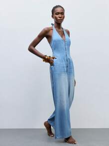 Maija 女式蓝色牛仔无袖吊带连体裤 - 淺色水洗藍 - 查看 4