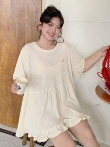 Dazy Plus 加大码纯色圆领心形刺绣宽松蝙蝠袖 T 恤，返校服 - 杏色 - 查看 4