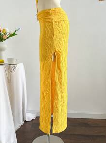 Soleia Beach Outfits For Woman Summer Dresses For Vacation Butter Yellow  Beach Metal Shell Decor White Side High Waist Hollow Out Jacquard Elastic Mermaid Dress - Yellow - View 5