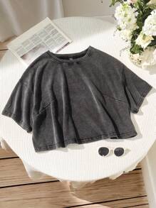 SHEIN EZwear Camiseta de algodón lava con mangas cortas, talla grande, primavera