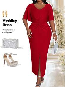 Fleurora Robe de fête de Noël Robe longue élégante slim d'été fendue avec un twist rose rouge pour les femmes de grande taille - Rouge - Voir 1