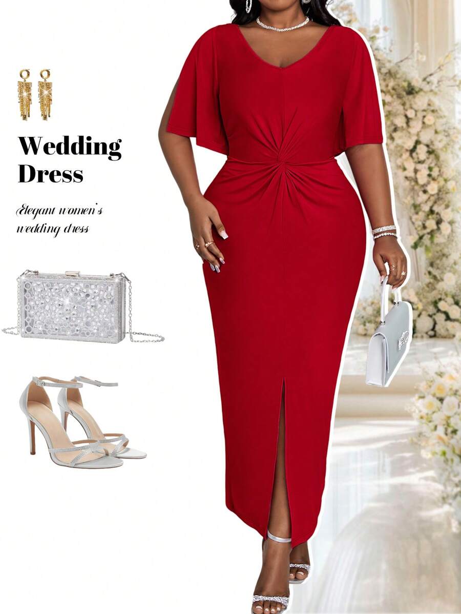 Fleurora Robe de fête de Noël Robe longue élégante slim d'été fendue avec un twist rose rouge pour les femmes de grande taille - Rouge - Voir 1