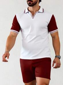 Manfinity Homme Men's Summer Striped Short Sleeve Polo Shirt And Shorts Casual Set - White - View 6