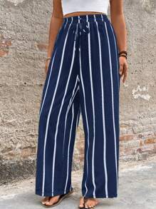 Breezaya Plus Size Old Money Style Symbol Casual Fashion Holiday Textured Black & White Striped Straight Leg Trousers Fall Cloth For Women