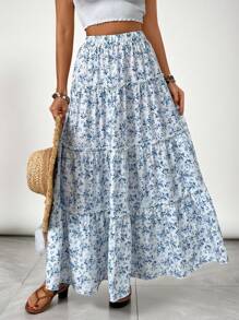 SHEIN VCAY Plus Size Vacation Leisure Small Ditsy Floral Long Skirt