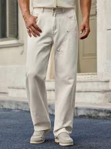 Manfinity VCAY Men's Casual Beige Denim Pants Relaxed Fit Long Length With Zipper Detailing For Everyday Wear - Beige - View 4