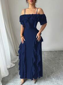 Modelyn Women's Fashion Elegant Off-Shoulder Seaweed Strip Ruffle Hem Bodycon Dress - Royal Blue - View 3