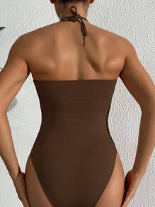 Swim Vcay 1 Mảnh Đồ bơi hở lưng trang trí sao biển và vỏ sò màu nâu thanh lịch dành cho nữ, đi nghỉ - màu nâu - Xem 2