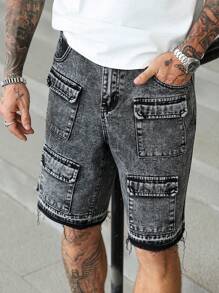 Manfinity Homme 男式多口袋毛边休闲百搭牛仔短裤