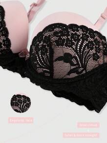 SHEIN 1pc Women Lace Patchwork Wireless Bra - Black - View 1