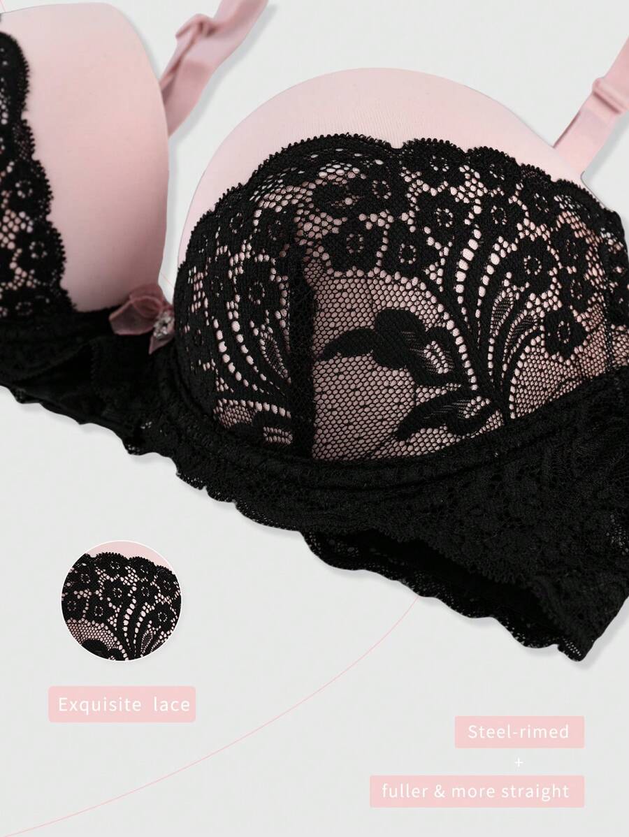 SHEIN 1pc Women Lace Patchwork Wireless Bra - Black - View 1