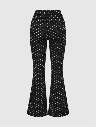 Kawaii Women's Polka Dot Print Fitted Flare Pants, Y2K Style Roll-Up Waist Fashion Flare Pants