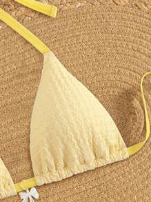 Swim Mod Plus Size Women Summer Textured Fabric Bikini Top With Bowknot And Pearl Decor - Multicolor - View 6