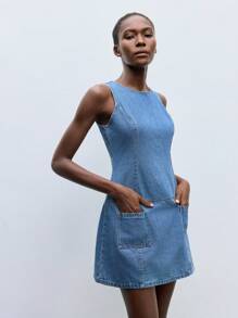 Maija Đầm denim thường ngày không tay cổ tròn mùa hè cho nữ - Rửa trung bình - Xem 8
