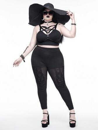 Goth Gothic Palace Style Cathedral Flocked Semi-Sheer Fitted Plus Size Skinny Pants