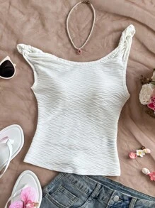 Soleia 度假风不对称肩部抽绳针织弹力网眼扎染荷叶边上衣 - 杏色 - 查看 3