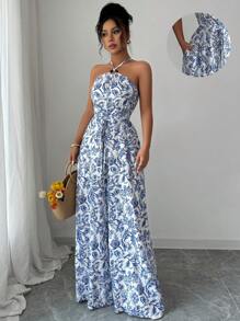 Rafferiza 印花项链木环束腰女式连体裤 - 藍色 - 查看 5