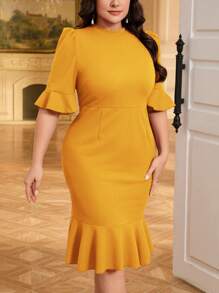 SHEIN Privé 大码女式优雅泡泡袖及膝办公室通勤连衣裙，弹力紧身设计，春夏，女士正式连衣裙