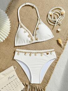 SHEIN Tween Girls' Swimsuit Set, Apricot Minimalist Striped Flower Pattern, Beach Vacation Party, Spring/Summer Young Girls Sets Bathing Suit Set Beach Girl Clothes Sets Girls For Summer Summer Holiday - Apricot - View 1