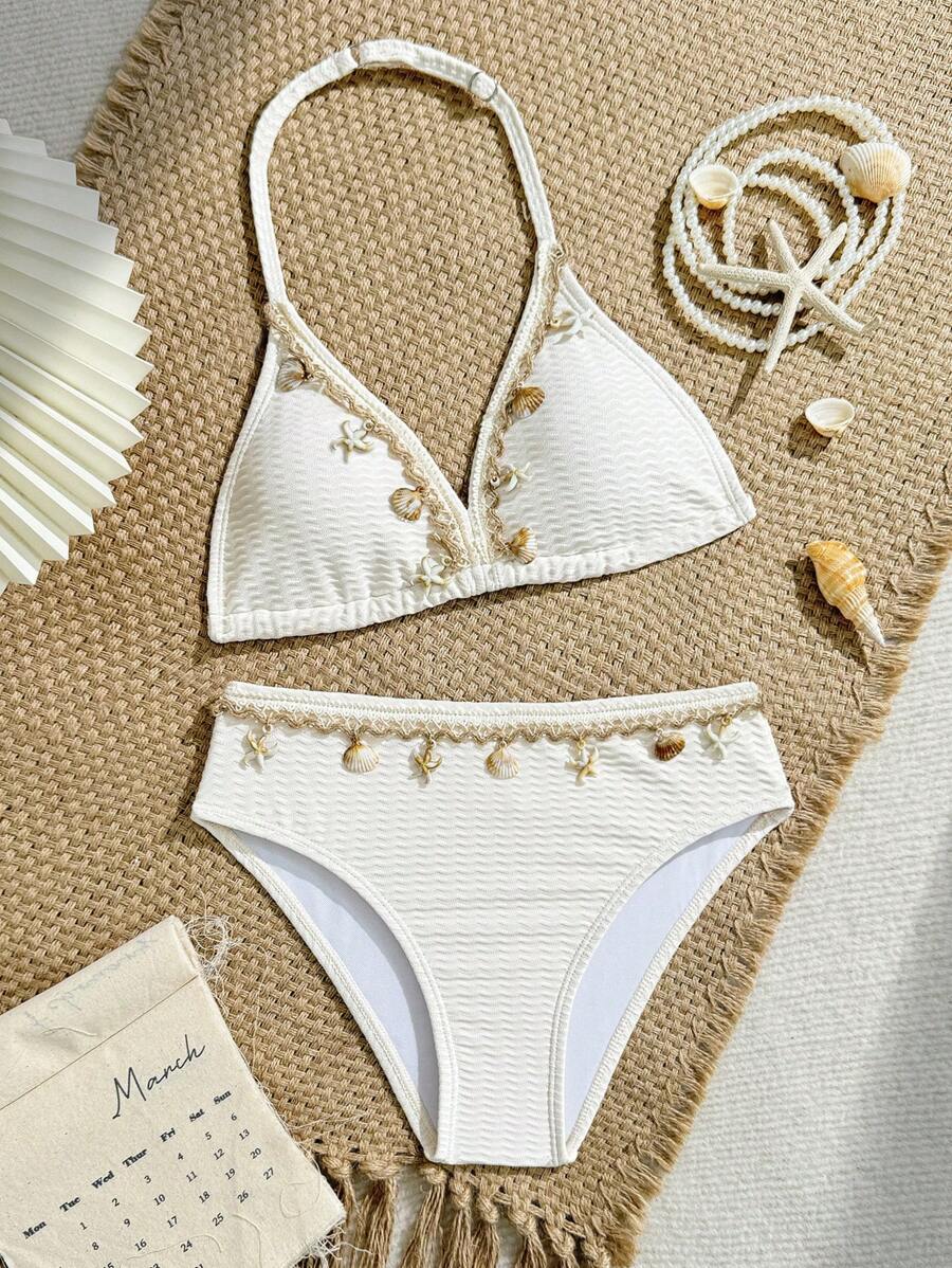 SHEIN Tween Girls' Swimsuit Set, Apricot Minimalist Striped Flower Pattern, Beach Vacation Party, Spring/Summer Young Girls Sets Bathing Suit Set Beach Girl Clothes Sets Girls For Summer Summer Holiday - Apricot - View 1