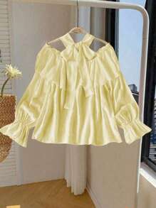 Modelyn Blusa amarilla con cuello halter y manga larga para mujeres - Amarillo - Ver 2