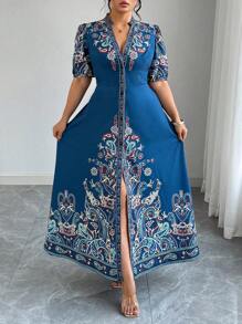 Elenzga Đầm maxi dài tay ngắn cổ chữ V cài một hàng khuy dành cho nữ cỡ lớn, kiểu boho in họa tiết, thích hợp mặc thường ngày hoặc đi nghỉ dưỡng. Đầm nữ thường ngày, đầm công sở, đầm hè, đầm dự tiệc sinh nhật, quần áo nữ mùa hè. - Màu xanh hải quân - Xem 5