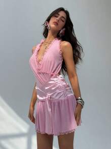 Aloruh Women's Light Pink Summer 70's Party Mini Dress, & Cute Deep V-Neck Ruffled Hem Solid Color Elegant Y2k Clothes For Spring/Summer - Baby Pink - View 5
