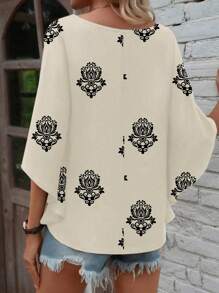 EMERY ROSE Women Woven Digital Print Batwing Sleeve V-Neck Casual Blouse