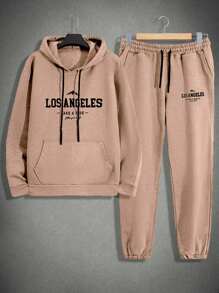 RueChic Conjunto de sudadera con capucha regular de algodón con estampado de letras para hombres