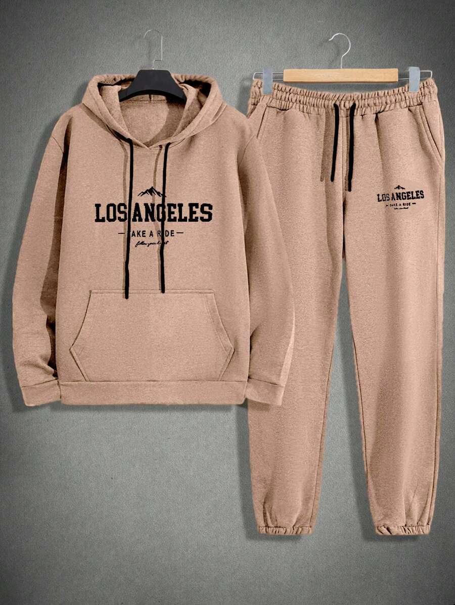 RueChic Conjunto de sudadera con capucha regular de algodón con estampado de letras para hombres