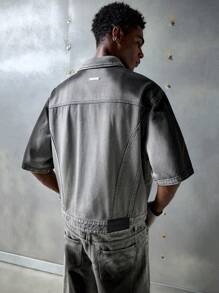 NEON BLANC Chemise en jean à manches courtes de mode de rue pour hommes, convient pour l'été - Noir et Blanc - Voir 3