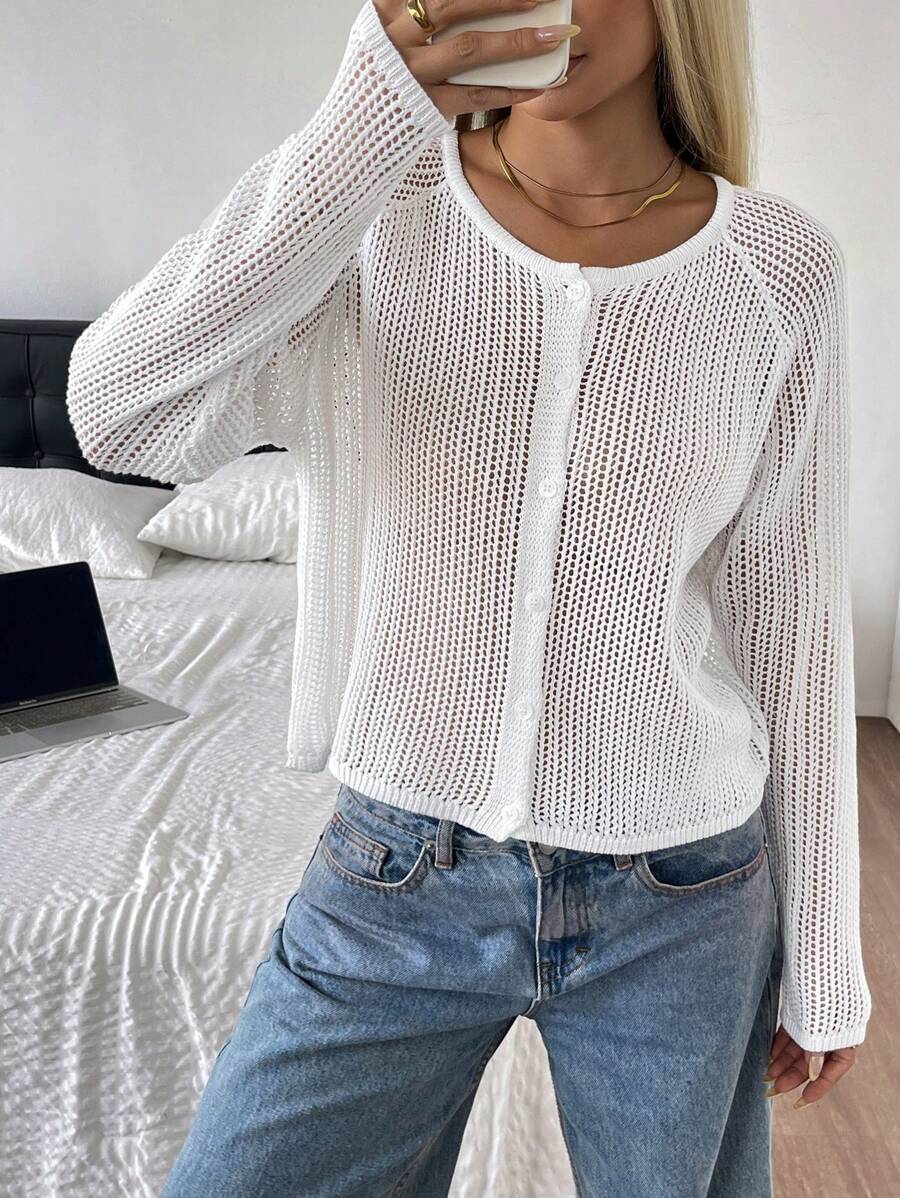 SHEIN EZwear 女士白色纽扣前休闲百搭长袖开衫 - 白色 - 查看 1