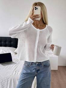 SHEIN EZwear 女士白色纽扣前休闲百搭长袖开衫 - 白色 - 查看 8