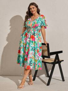 Comfylo 大码女式花卉印花 V 领飘袖中长连衣裙，度假风格 - 彩色 - 查看 6