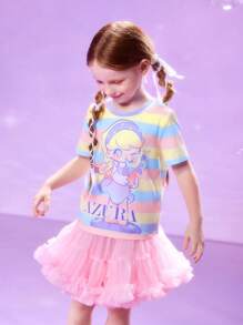 Pop Mart Azura X SHEIN Young Girl Cartoon & Striped Pattern Casual Sweet Cute Short Sleeve T-Shirt