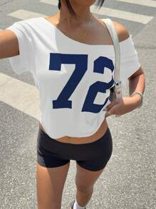 Jouncy Women's Number Print Off-Shoulder Round Neck Short Sleeve T-Shirt, Summer