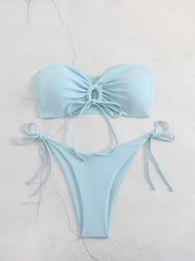 Swim Basics Solid Color Bandeau Twist Front Bikini Swimwear, Wire-Free For Summer Beach Vacation - Baby Blue - View 6