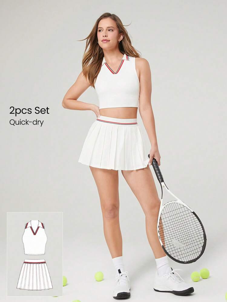2 Pieces  Quick-Dry Sweat-Wicking Contrast Color Courtside Collared Tank Removable Cups & Pleated Skirt With Built-In Shorts Set Daily Casual