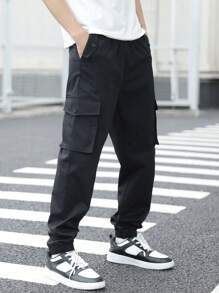 PantsHub Casual Teen Boys' Black Elastic Cuff Cargo Pants, Streetwear Punk Rock Athletic Trousers For Everyday, Party, Music Festival, Suitable For Spring/Summer - Black - View 6