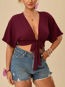Travachic Plus Size Women's Summer Sexy Casual Solid Color Batwing Sleeve Knotted Front Cropped Blouse - Burgundy - View 5