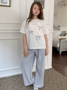 女童蝴蝶结图案 T 恤和直筒裤套装，女童夏季服装，返校服装 - 彩色 - 查看 4