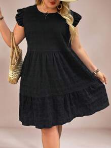 SHEIN VCAY Plus Size Solid Color Casual Short Sleeve Crew Neck Mini Dress,Beach Dress Sundress,Holiday Outfits Boho - Black - View 1