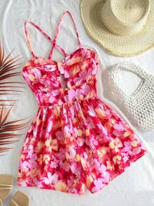 SHEIN Monos informales para niñas preadolescentes con estampado floral, lazo trenzado y tirantes cruzados